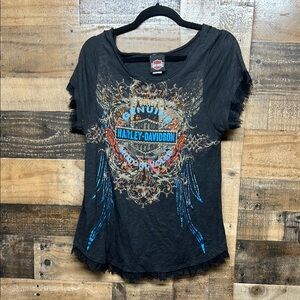 Harley-Davidson Black Tee with‎ Blue and Orange Graphic Lace Trim Women's Size M